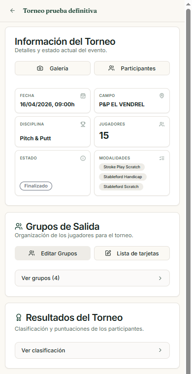 Pantalla de gestión de un torneo en la app PAR O NADA
